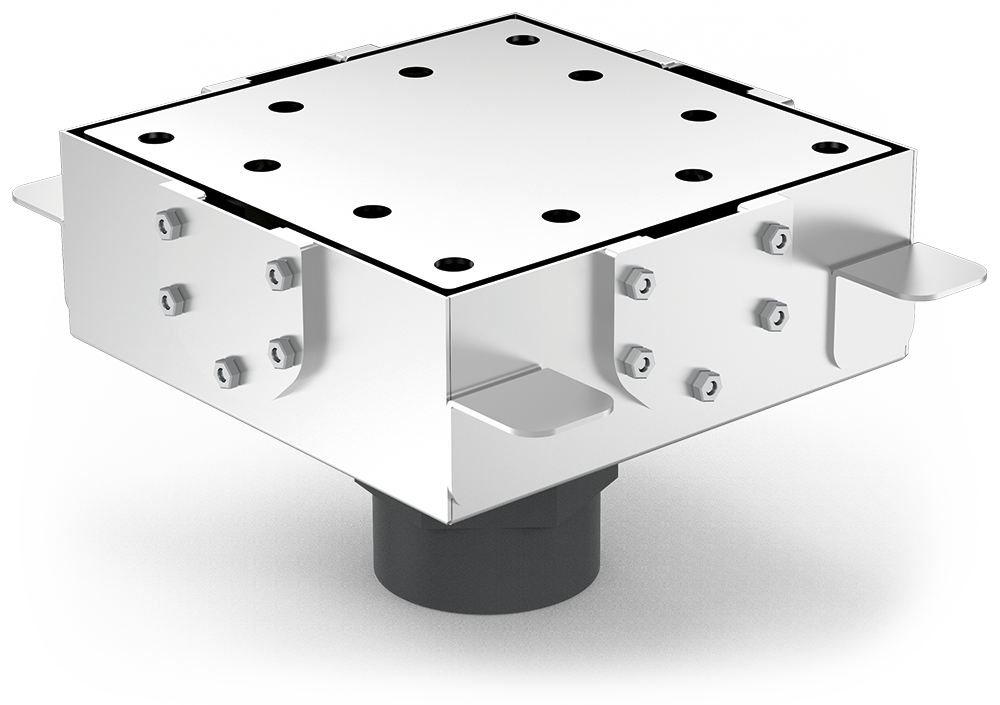 Sumidero para canal modular ranurado de salida vertical convertible a horizontal 200x200 mm.