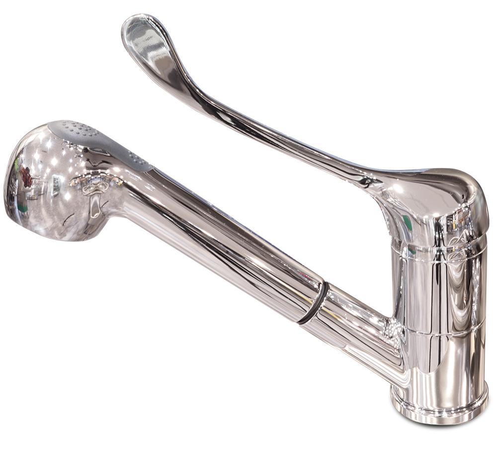 Aixeta de sobretaula, monocomandament colze, 2 aigües i dutxa extensible