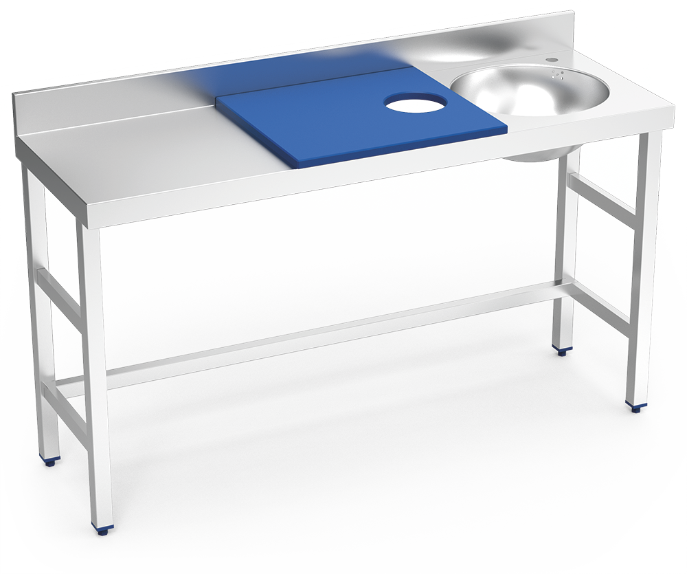 Mesa de preparación y lavado inox 1500 mm azul 1 agujero cubeta derecha