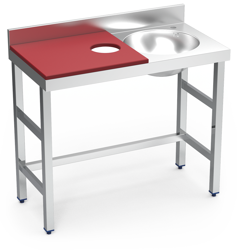 Mesa de preparación y lavado inox 1000 mm roja cubeta derecha