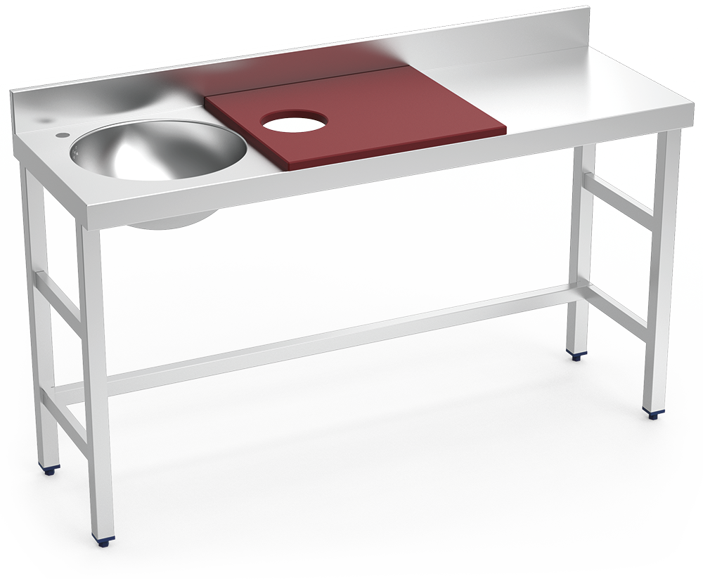 Mesa de preparación y lavado inox 1500 mm roja 1 agujero cubeta izquierda