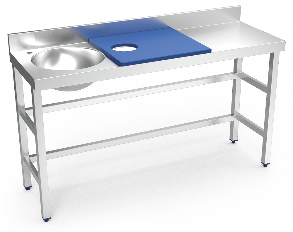 Mesa de preparación y lavado inox 1500 mm azul 1 agujero cubeta izquierda