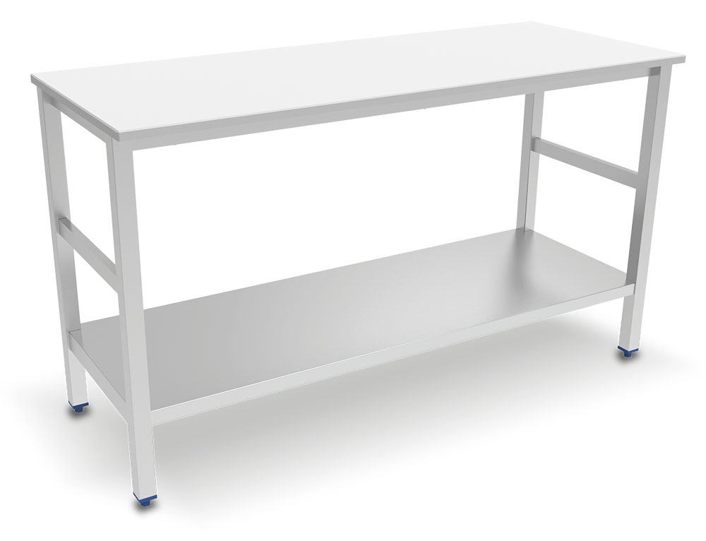 Mesa central con entrepaño encimera de polietileno blanco