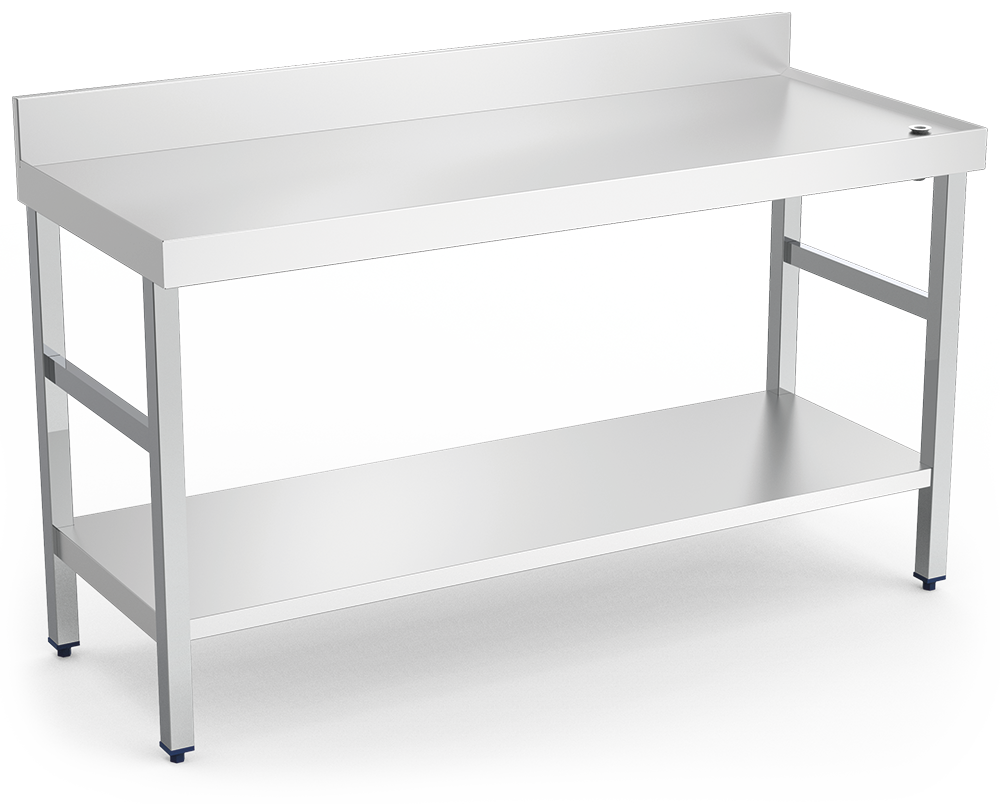 Mesa mural inox con reborde, desagüe y entrepaño