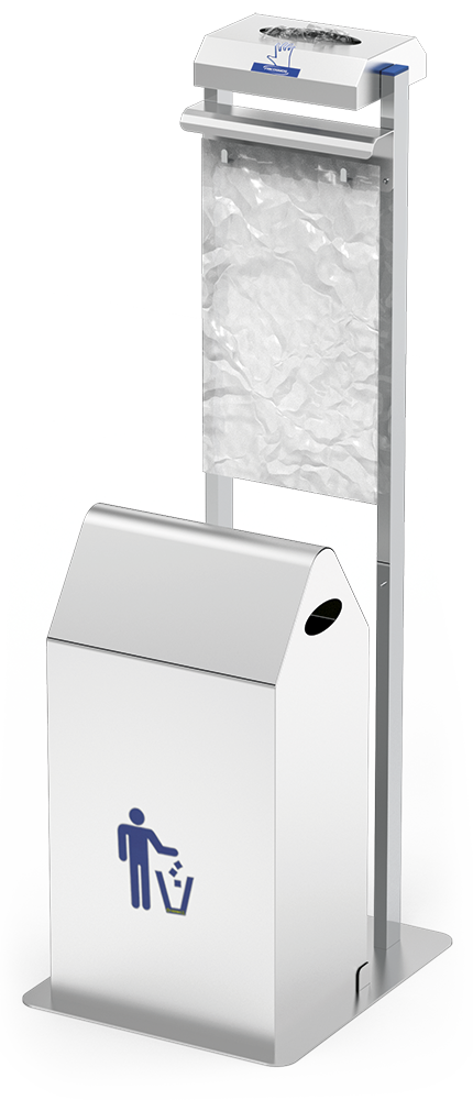 Conjunto dispensador de guantes y bolsas colgantes con papelera basculante