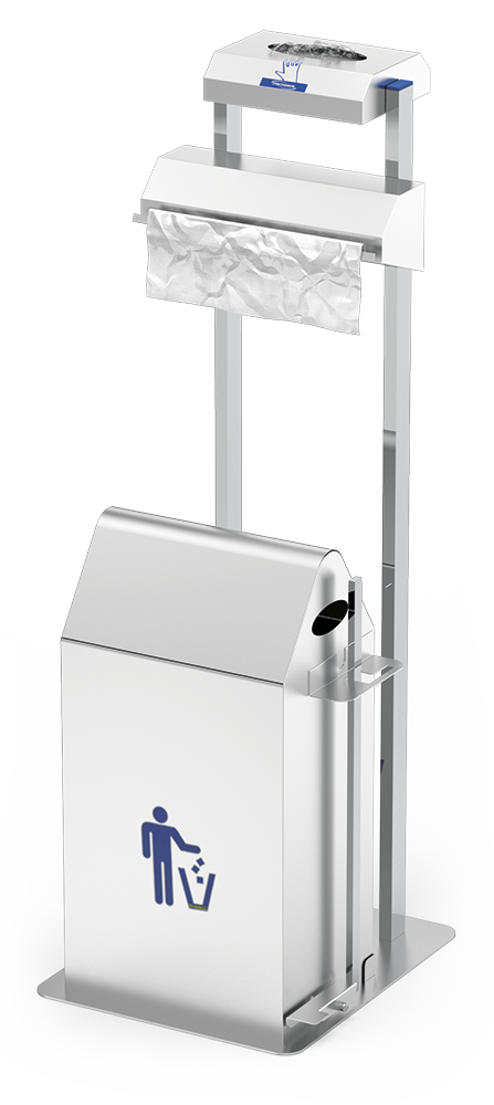 Conjunto dispensador de guantes y bolsas en rollo con papelera basculante a pedal