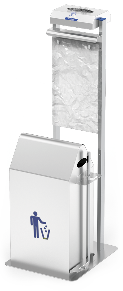 Conjunto dispensador de guantes y bolsas colgantes con papelera basculante a pedal