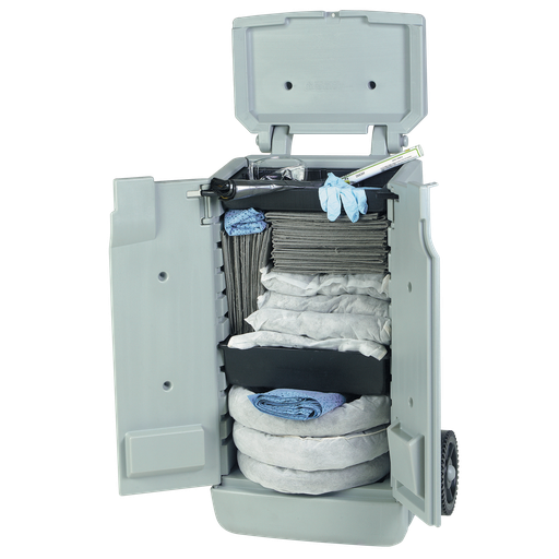 [UKT0075EG] KIT ABSORBENTE UNIVERSAL DE 75 LITROS EN ARMARIO MÓVIL GRIS.