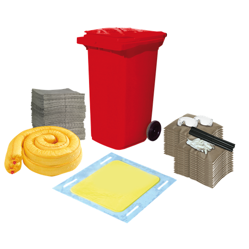 [421.701.12] KIT ABSORBENTE UNIVERSAL DE 150 LITROS CON PLACA EN CONTENEDOR MÓVIL ROJO.