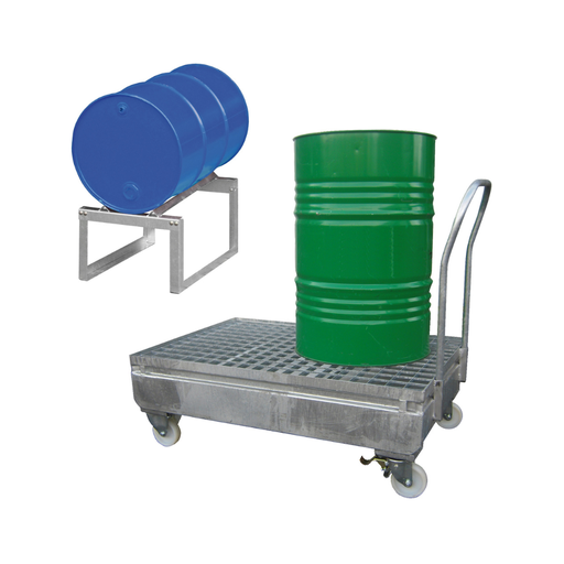 [885.408.63] CARRO DE RETENCIÓN DE ACERO GALVANIZADO DE 220L PARA 1 BIDÓN ACOSTADO.