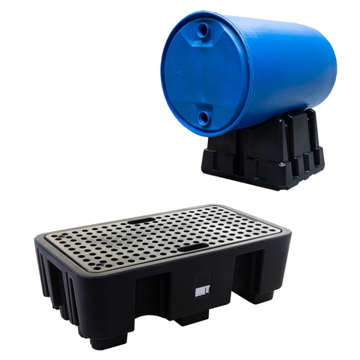 [885.408.54] CUBETO DE RETENCIÓN DE POLIETILENO DE 250L CON SOPORTE PARA UN BIDÓN ACOSTADO.