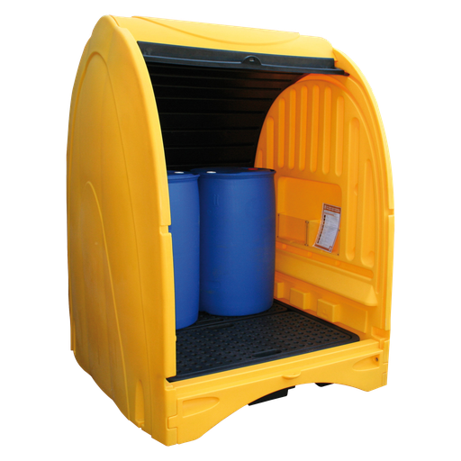 [039.840.76] BOX DE RETENCIÓN DE POLIETILENO AMARILLO CON SOLAPAS DE 250 LITROS PARA 4 BIDONES.