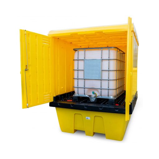 [885.052.74] CAJA DE RETENCIÓN DE POLIETILENO AMARILLO CON PUERTAS BATIENTES DE 1260 LITROS PARA 1 IBC.