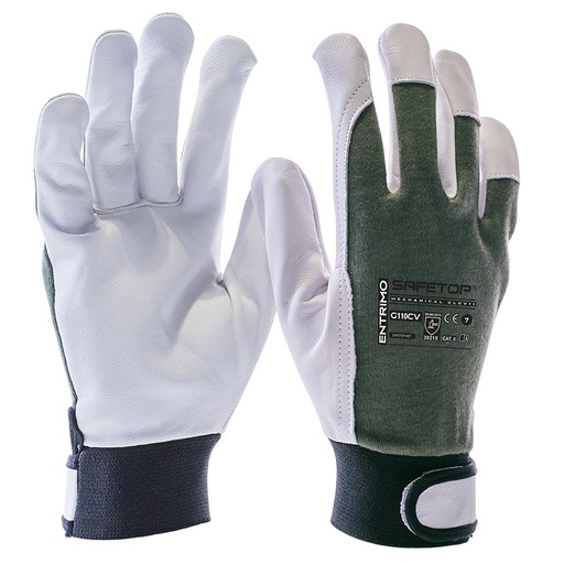 [G110CV] ENTRIMO, Guante piel - algodón verde cierre velcro