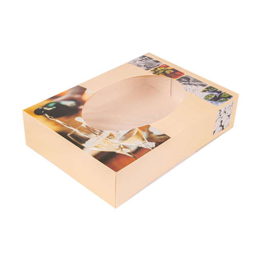 [154.98] 50 U. CAJAS CATERING AUTOMONTABLES CON VENTANA 325 G/M2 35x25x8 CM CUATRICROMÍA CARTÓN (50 UNID.)