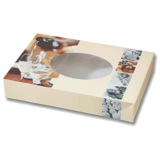 [154.99] 50 U. CAJAS CATERING AUTOMONTABLES CON VENTANA 325 G/M2 46,5x32x8 CM CUATRICROMÍA CARTÓN (50 UNID.)