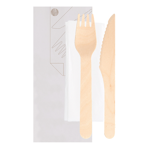 [250.84] Set 3/1 Tenedor, Cuchillo, Servilleta 'Makan' 16 Cm Natural Madera (100 Unid.)