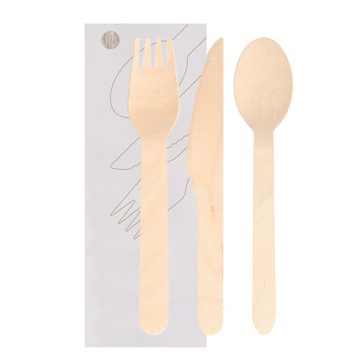 [250.76] SET 3/1 TENEDOR, CUCHILLO, CUCHARA 'MAKAN' 16 CM NATURAL MADERA (100 UNID.)