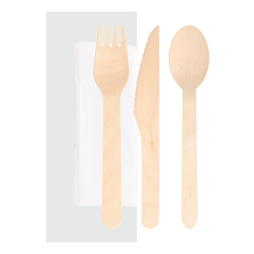 [220.42] Set 4/1 Tenedor, Cuchillo, Cuchara, Servilleta 'Makan' 16 Cm Natural Madera (100 Unid.)