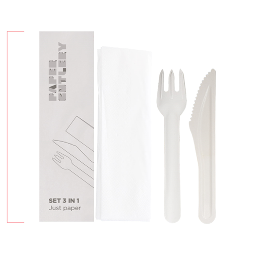 [268.69] Set 3/1 Tenedor, Cuchillo, Servilleta 'Paper Cutlery' 15,8 Cm Blanco Papel (100 Unid.)