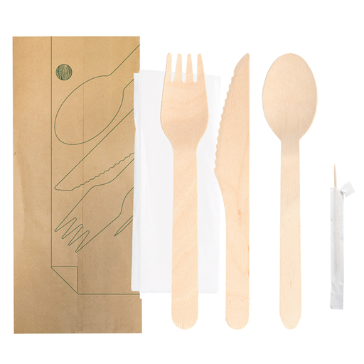 [220.21] SET 5/1 TENEDOR, CUCHILLO, CUCHARA, SERVILLETA, PALILLO ENFUNDADO 'MAKAN' 16 CM NATURAL MADERA (200 UNID.)
