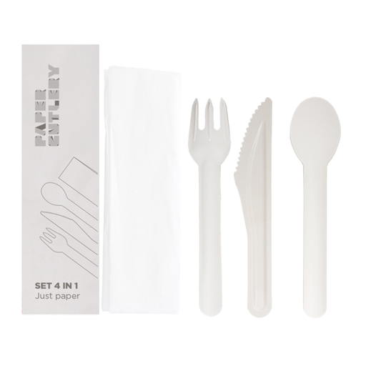 [267.04] SET 4/1 TENEDOR, CUCHILLO, CUCHARA, SERVILLETA 'PAPER CUTLERY' 15,8 CM BLANCO PAPEL (100 UNID.)