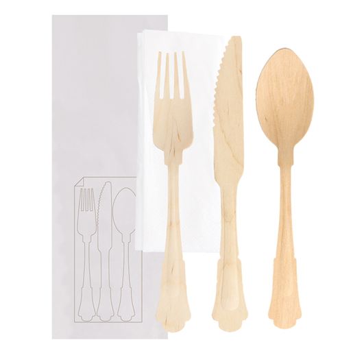 [250.82] Set 4/1 Tenedor, Cuchillo, Cuchara, Servilleta 'Classic' 20 Cm Natural Madera (100 Unid.)