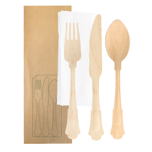 [250.57] Set 4/1 Tenedor, Cuchillo, Cuchara, Servilleta 'Classic' 20 Cm Natural Madera (100 Unid.)