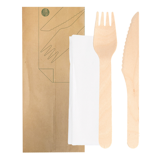 [250.62] Set 3/1 Tenedor, Cuchillo, Servilleta 'Makan' 16 Cm Natural Madera (100 Unid.)