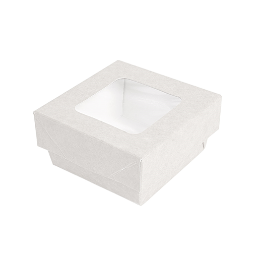 [257.76] Cajitas+Tapas Con Ventana 200 Ml - 6,6 Oz 300 + 15 Pe G/M2 7X7X4 Cm Blanco Cartoncillo (250 Unid.)