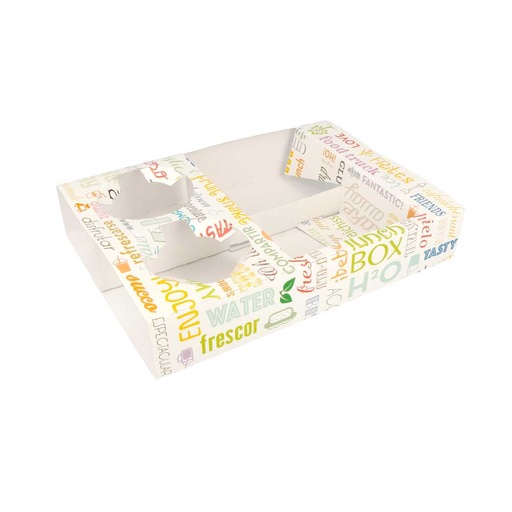 [229.85] Bandejas Transporte 2 Vasos+2 Compart. 'Parole' 450 G/M2 26X19X5 Cm Blanco Cartoncillo (200 Unid.)