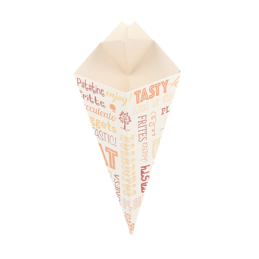 [222.94] CUCURUCHOS CON PESTAÑA 'THEPACK PAROLE' 100 G 230 G/M2 21x12,5 CM BLANCO CARTÓN ONDULADO NANO-MICRO (1600 UNID.)