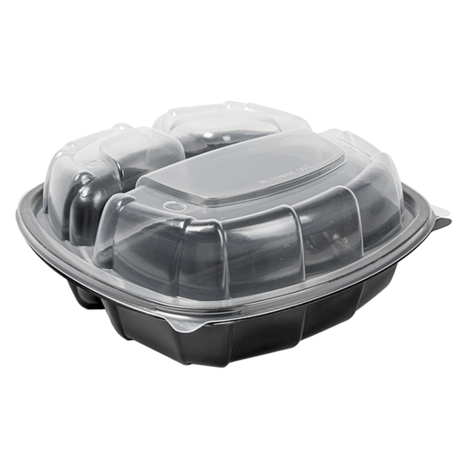 [266.99] RECIPIENTES CON TAPA BISAGRA 3 COMPARTIMENTOS MICROONDABLES 1130 ML 22,9x23,3x8,2 CM NEGRO PP (100 UNID.)