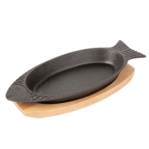 [198.67] Plato Pescado + Base De Madera 32X13 Cm Negro Hierro (8 Unid.)