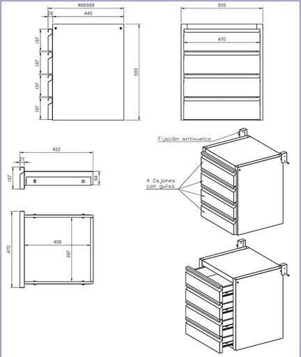 [19014431] Cajonera 4 cajones gama 700 mm medidas 505x468x593