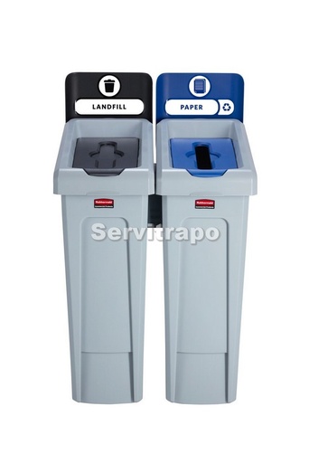 [2057605] Kit de estación de reciclaje Slim Jim de 2 contenedores con tapa abierta y de papel