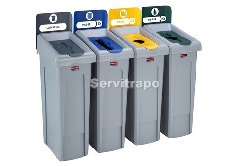 [2057732] Kit de estación de reciclaje Slim Jim de 4 contenedores con tapas de reciclaje abiertas cerradas y mixtas