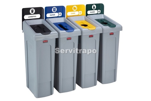 [2057609] Kit de estación de reciclaje Slim Jim de 4 contenedores con tapas de reciclaje abiertas cerradas y mixtas