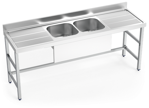 [054844] Fregadero inox con soporte sin entrepaño serie 600 2 cubetas 2 escurridores faldón parcial