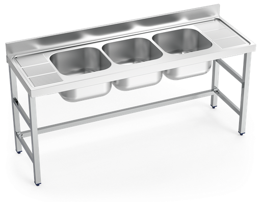 [054850] Fregadero inox con soporte sin entrepaño serie 600 3 cubetas 2 escurridores