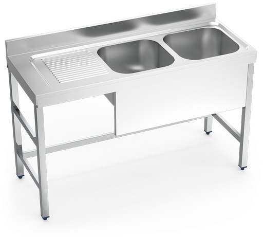 [051808] Fregadero inox con soporte sin entrepaño serie 550 2 cubetas 1 escurridor izquierda faldón parcial