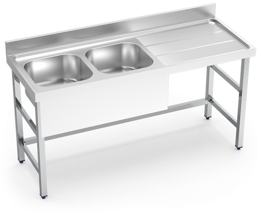 [054832] Fregadero inox con soporte sin entrepaño serie 600 2 cubetas 1 escurridor derecha faldón parcial