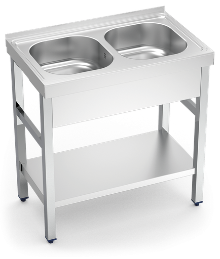 [050810] Fregadero inox con soporte con entrepaño serie 500 2 cubetas faldón completo