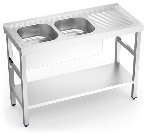 [050836] Fregadero inox con soporte con entrepaño serie 500 2 cubetas 1 escurridor derecha faldón parcial