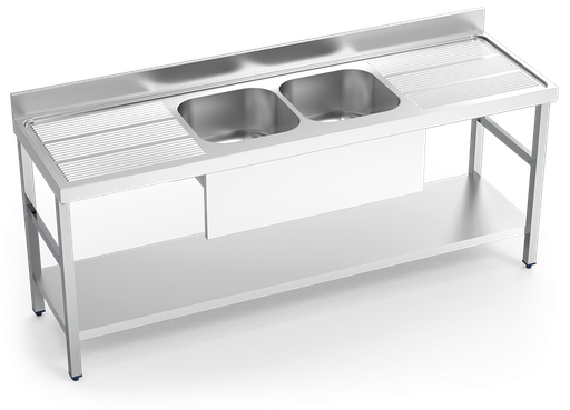[055044] Fregadero inox con soporte con entrepaño serie 600 2 cubetas 2 escurridores faldón parcial
