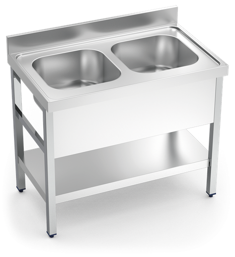 [056224] Fregadero inox con soporte con entrepaño serie 700 2 cubetas faldón completo