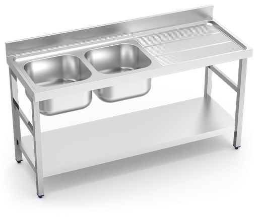[056232] Fregadero inox con soporte con  entrepaño serie 700 2 cubetas 1 escurridor derecha