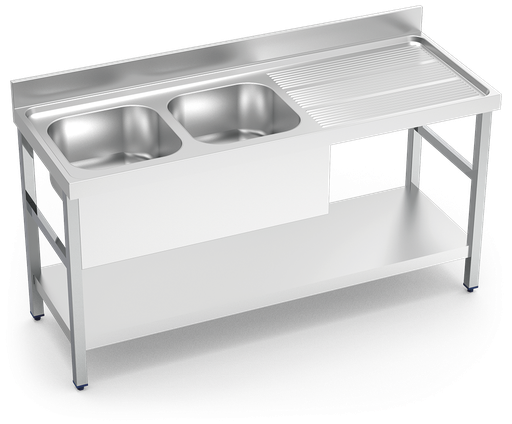 [055032] Fregadero inox con soporte con entrepaño serie 600 2 cubetas 1 escurridor derecha faldón parcial