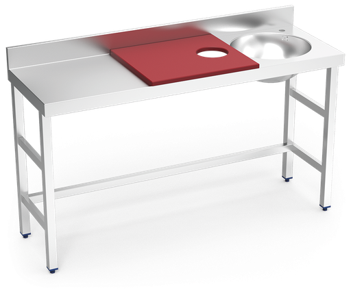 [072820] Mesa de preparación y lavado inox 1500 mm roja 1 agujero cubeta derecha